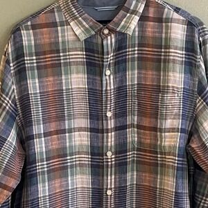 Tommy Bahama Linen Fall Colored Brown Blue Plaid‎ Long Sleeve Shirt Large Men's